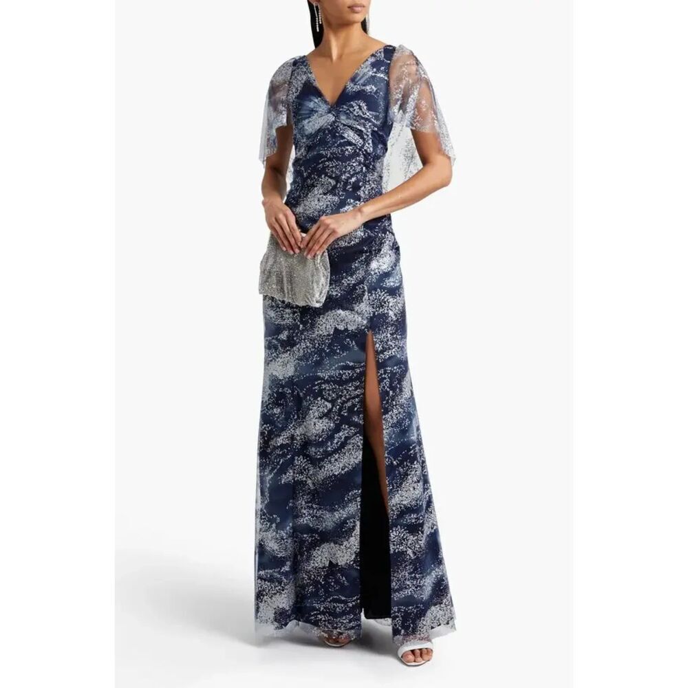 Marchesa Notte Navy V-Neck Formal Evening Tulle Gown with Slit